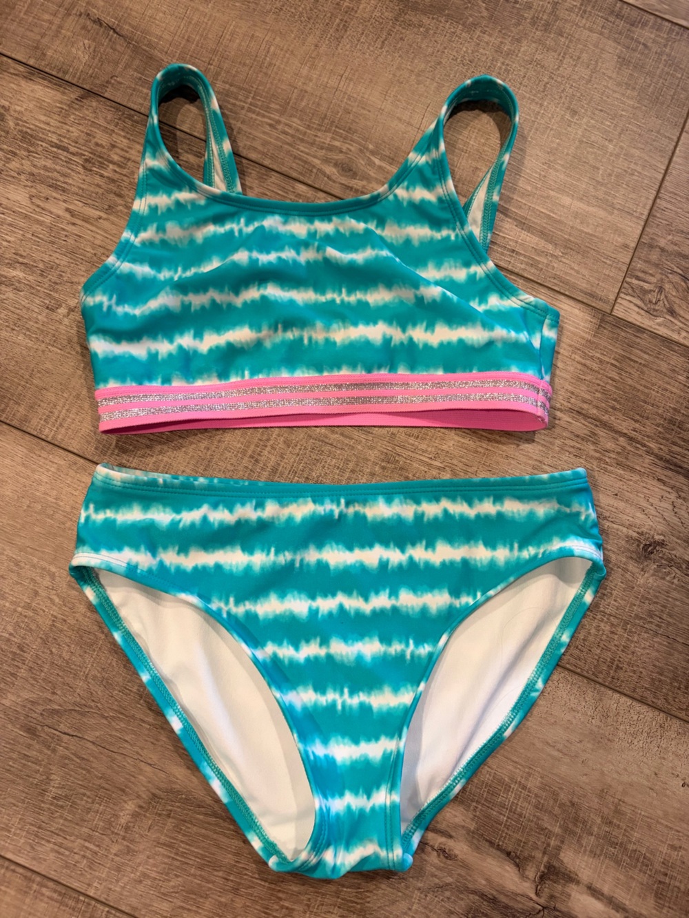 Cat & Jack Teal and Pink Tie-Dye Girls Two-Piece Swim Set with Glitter Band